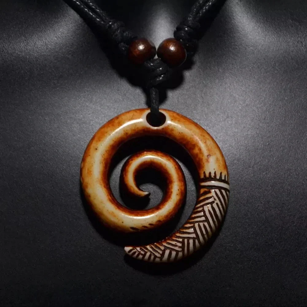 New Handmade Boho Hawaiian Tribal Engraved Spiral Helix Hook Pendant Necklace